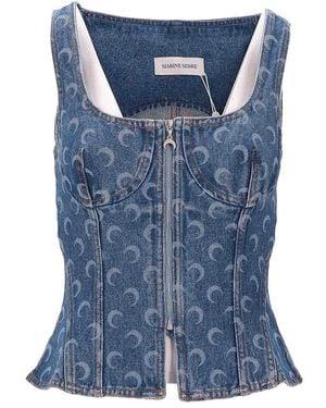 Marine Serre Moon Laser Denim Bustier Top - Blue