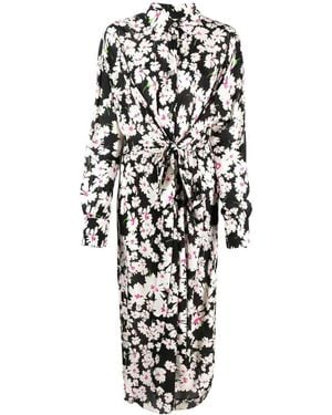 MSGM Floral-Print Tie-Fastening Cady Midi Dress - White