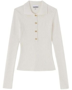 Ganni Button Ribbed Polo Shirts - White