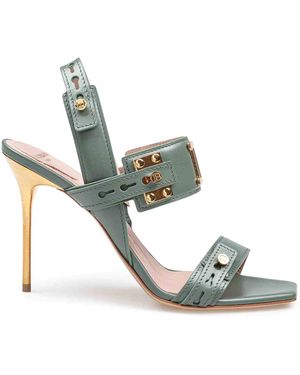 Balmain Luxury Leather Sandals With Square Open Toe And Buckle - Green