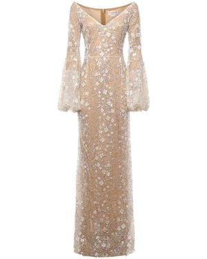 Genny Long Lace Dress With 3D Flowers - Natural