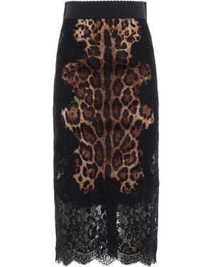 Dolce & Gabbana Leo Print Silk Satin And Lace Pencil Skirt - Black