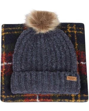 Barbour Hat And Scarf Set With Pompon - Blue