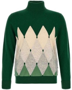 Ballantyne Classic Diamond Intarsia Turtleneck Jumper - Green