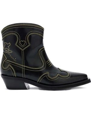 Ganni Low Shaft Embroidered Western Boot Oleatex - Black