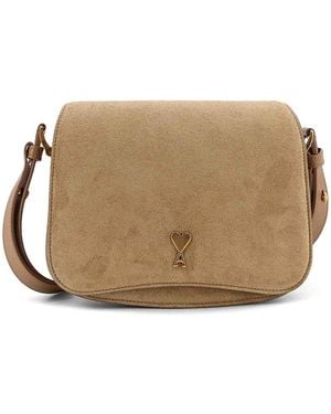 Ami Paris Suede Shoulder Bag With Front Metal Logo - Natural