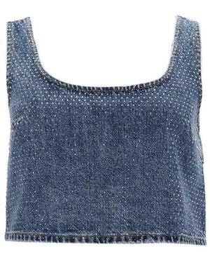 Self-Portrait Denim Crop Top With Rhinestones - Blue