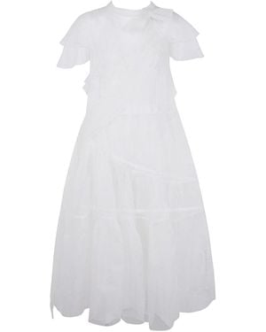 Simone Rocha Sheer Bow Sash Split Hoop Flounce Dress - White