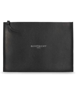 Givenchy Leather Clutch Bag With Front Lettering Logo - Black