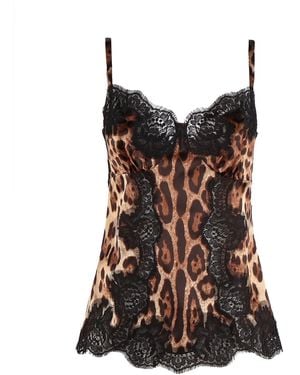 Dolce & Gabbana Leopard-Print Satin Top With Lace Inlay - Black