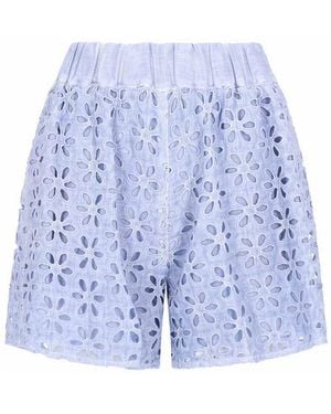 120% Lino Shorts Con Motivo Traforato - Blu