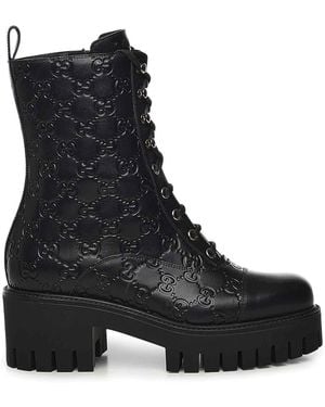 Gucci Gg Leather Lace-Up Ankle Boot - Black