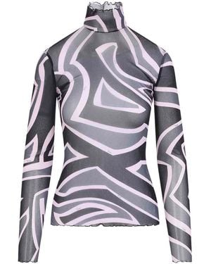 PUCCI Semi Sheer Printed Long-Sleeved High-Neck Top - Blue