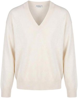 Brunello Cucinelli V-Neck Cashmere Sweater - White