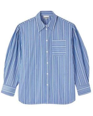 Ganni Stripe Cotton Pleated Sleeve Shirt - Blue