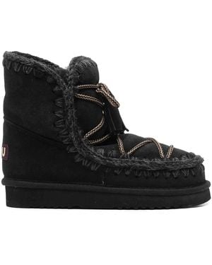 Mou Lace-Up Stitched Ankle Boots - Black