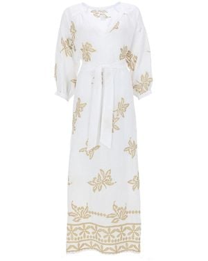 120% Lino Midi Dress With Print - White