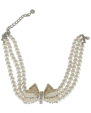 Self-Portrait Pearl Satin Bow Necklace - Natural