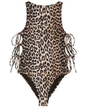 Ganni Printed Swimsuit W Tie Strings Almond Milk - Natural