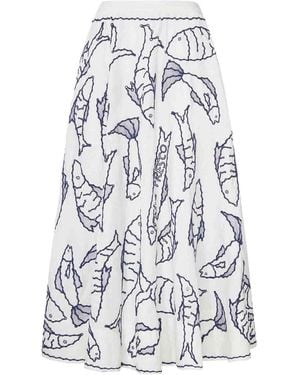 FARM Rio Cotton Midi Skirt With Marine Embroidery - White