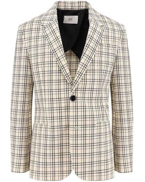 Ami Paris Checkered Wool Suit Jacket With Notched Lapels - White