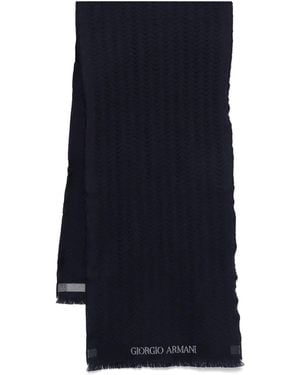 Giorgio Armani Herringbone Pattern Wool Fringed Scarf - Blue