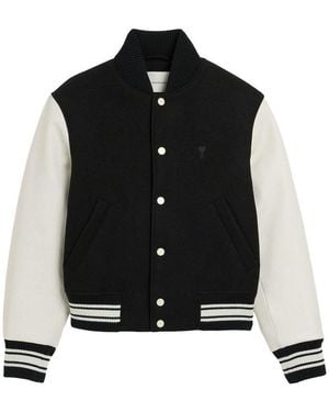 Ami Paris Wool And Leather Bomber Jacket - Black