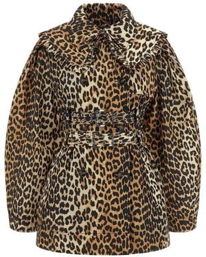 Ganni Leopard Duchesse Nylon Short Trench Coat - Brown