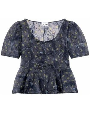 Ganni Printed Shibori Organza Sun Cut Peplum Blouse - Blue