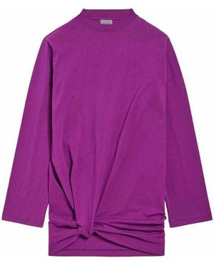 Balenciaga Long-Sleeve Fine Jersey Pleat-Detail T-Shirt - Purple