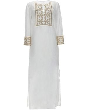 120% Lino Dress With Floral Decorations - White