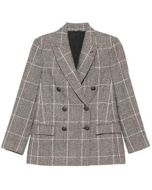 Brunello Cucinelli Alpaca And Wool Prince Of Wales Double-Breasted Blazer With Monili - Gray