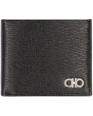 Ferragamo Hammered Leather Metal Gancini Bi-Fold Wallet - Black