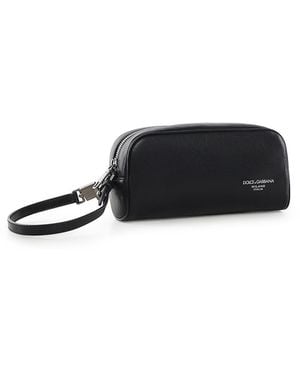 Dolce & Gabbana Calfskin Toiletry Bag With Logo - Black