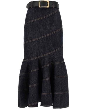 Self-Portrait Denim Belted Midi' Skirt - Blue