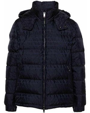 Valentino Quilted Funnel Neck Patterned Down Jacket - Blue