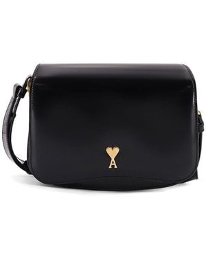 Ami Paris Leather Shoulder Bag With Logo Monogram - Black