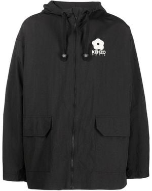 KENZO Zip-Up Hooded Jacket With Logo - Black