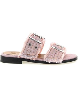 Ganni Feminine Buckle Fringed Denim Sandals - Pink