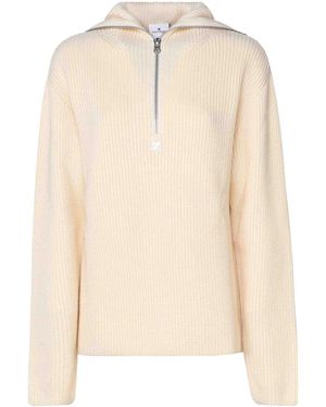 Courreges Ribbed Wool Hooded Jumper With Zip - Natural