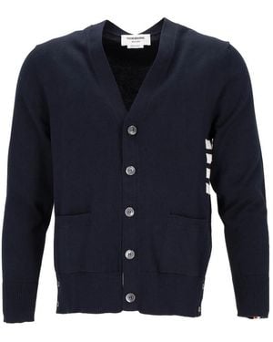 Thom Browne Jersey Stitch Relaxed Fit V Neck Cardigan - Blue