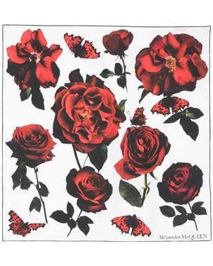 McQueen Rose Print Silk Scarf - Red