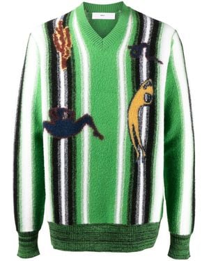 Toga Virilis Graphic-Print V-Neck Jumper - Green