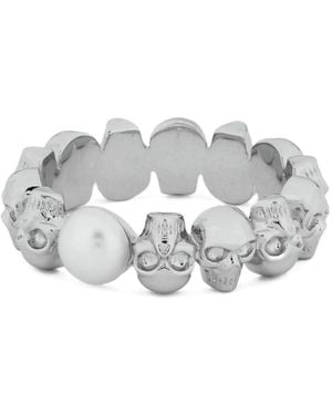 McQueen Skull And Pearl Ring - Metallic