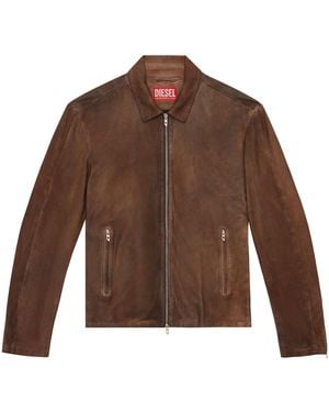 DIESEL L-Crombe Zip-Up Leather Jacket - Brown