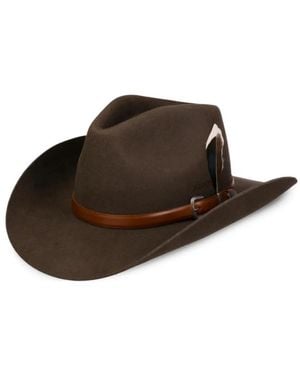 Stetson Buckle-Detail Feather-Trim Hat - Brown