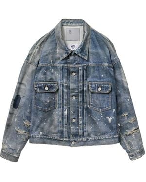 Junya Watanabe Paint-Splatter Distressed Denim Jacket - Blue
