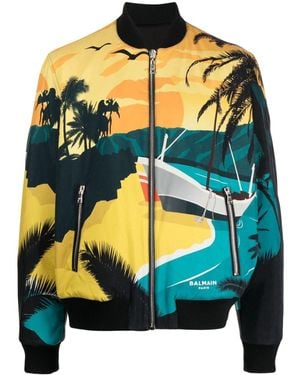 Balmain Reversible Graphic-Print Bomber Jacket - Gray