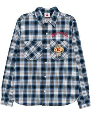ICECREAM Mascot-Embroidered Checked Shirt - Blue