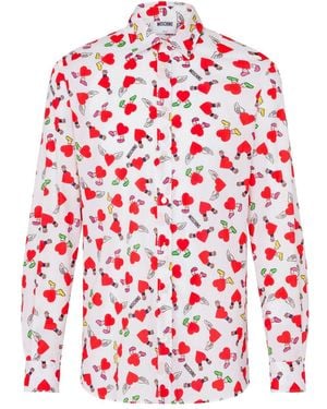 Moschino Long-Sleeve Button-Up Shirt With Playful Heart And Cherry Print - Red